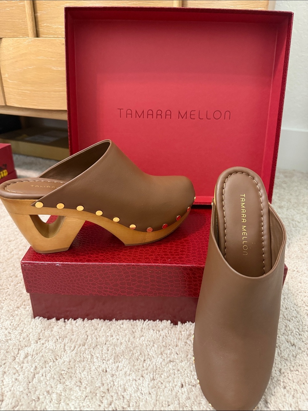 Tamara Mellon Brown Leather Sculpted Heel Clog Mules